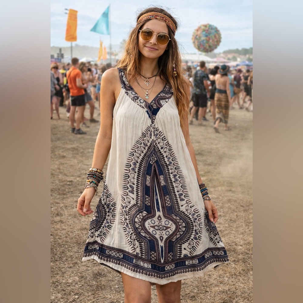 Bohemian Blue and White Sleeveless Dress swim cover boho festival